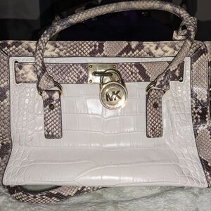 Michael Kors White and Brown Snakeskin Satchel